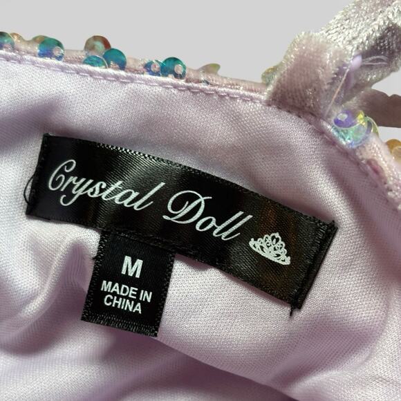 Crystal Doll Sequin Dress Size Medium Purple Feather Trim Y2K Party Formal Mini - Picture 5 of 6